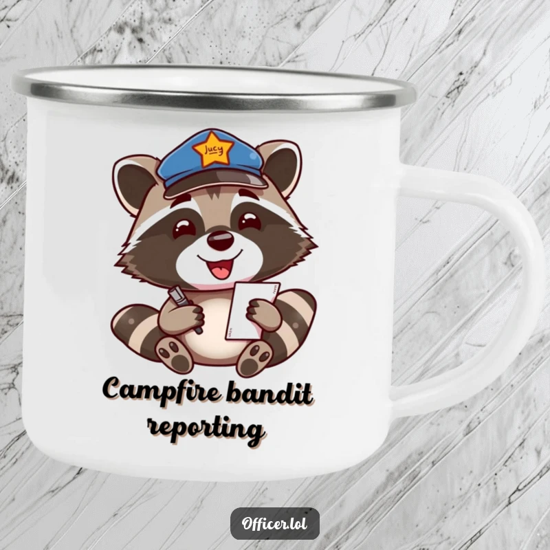 Funny Camping Mug: Smiling raccoon officer writes a ticket, designed for happy outdoor sipping.