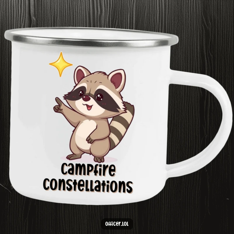 Funny camping mug with a playful raccoon character excitedly pointing towards a bright, shining star.