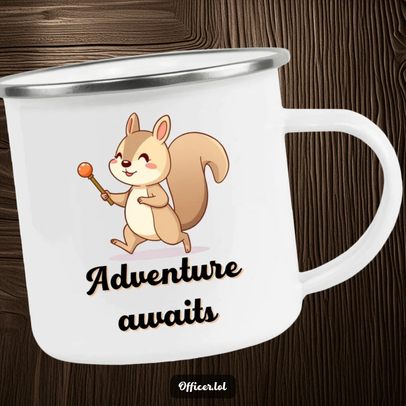 Funny enamel camping mug with a cheerful squirrel marching with a tiny pretend baton. Rugged and humorous drinkware.