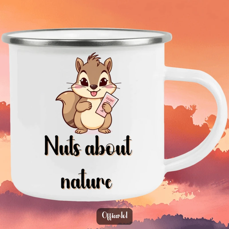 Funny camping mug featuring a mischievous squirrel issuing a ticket, ready for outdoor escapades and inspiring playful moments.