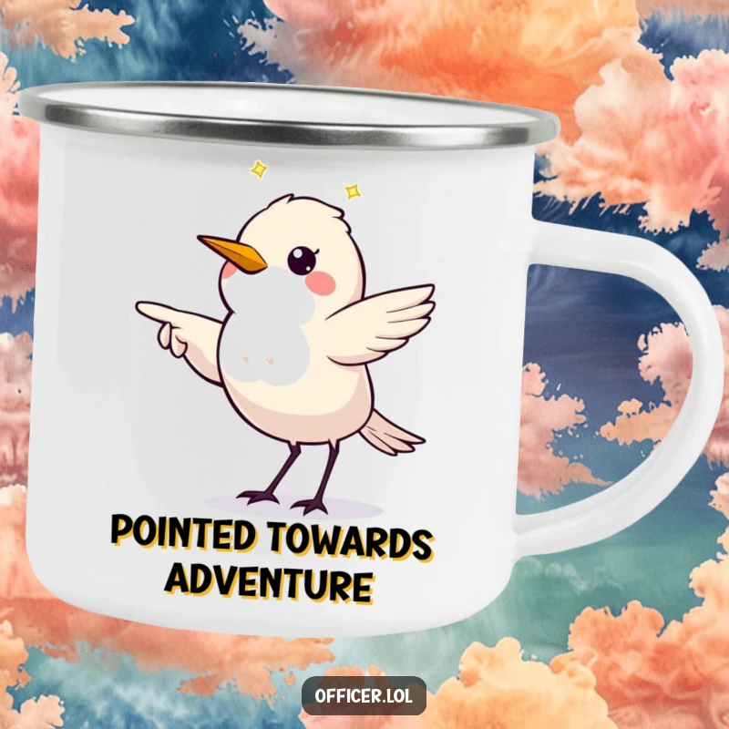 Funny camping mug with a twinkling starling making a clear directive pointing gesture, sturdy for adventures.