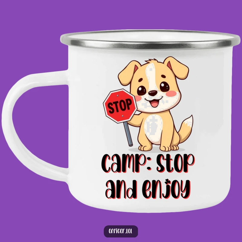 Funny Stop Sign Dog Camping Mug: Adventure With This Smiling Cartoon Canine Companion