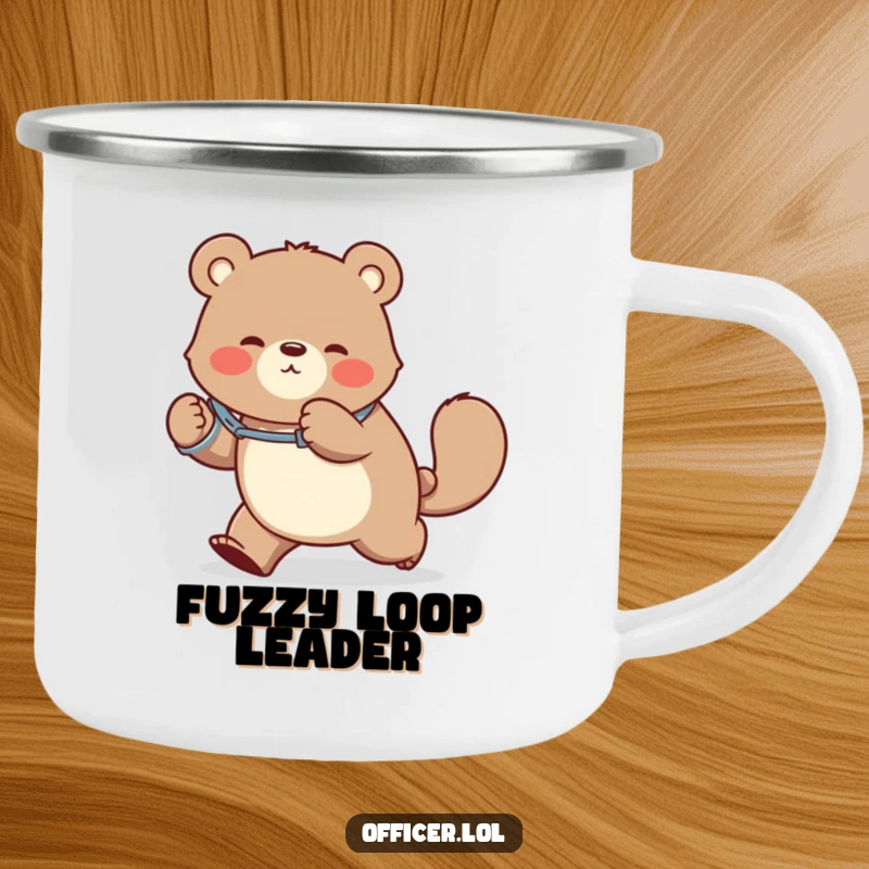 Funny camping mug showing a bear in handcuffs chasing its tail during an outdoor adventure, a hilarious and durable companion.