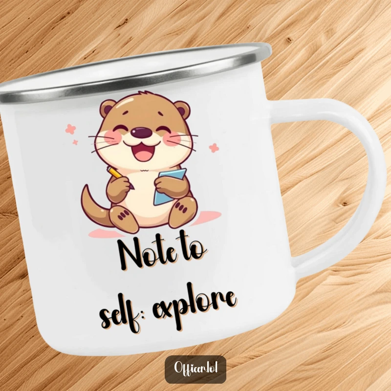Funny Otter Camping Mug: An enthusiastic otter writes notes, making it a fun and functional companion for outdoor adventures.