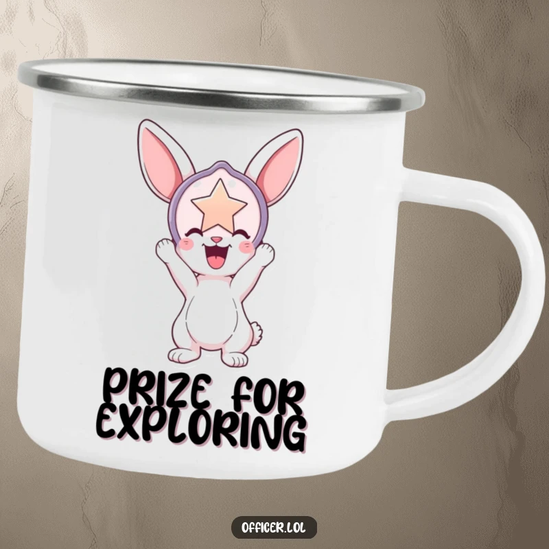 Funny camping mug featuring a playful bunny holding a large, shiny badge aloft, perfect for outdoor brews and humorous achievements.