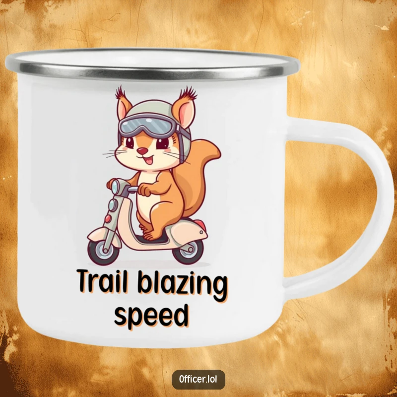 Determined squirrel wearing a helmet and goggles, riding a tiny scooter, depicted on a camp mug for adventurous outdoor types.