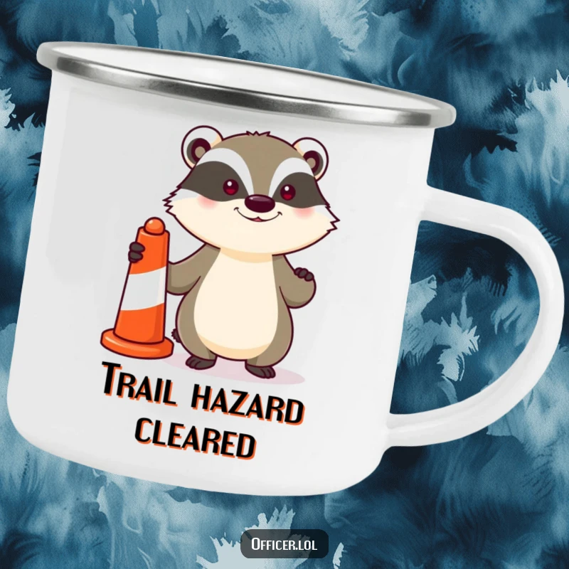 Funny camping mug showcasing a determined badger proudly holding a striped traffic cone, ideal for outdoor drinks with a humorous, adventurous vibe.