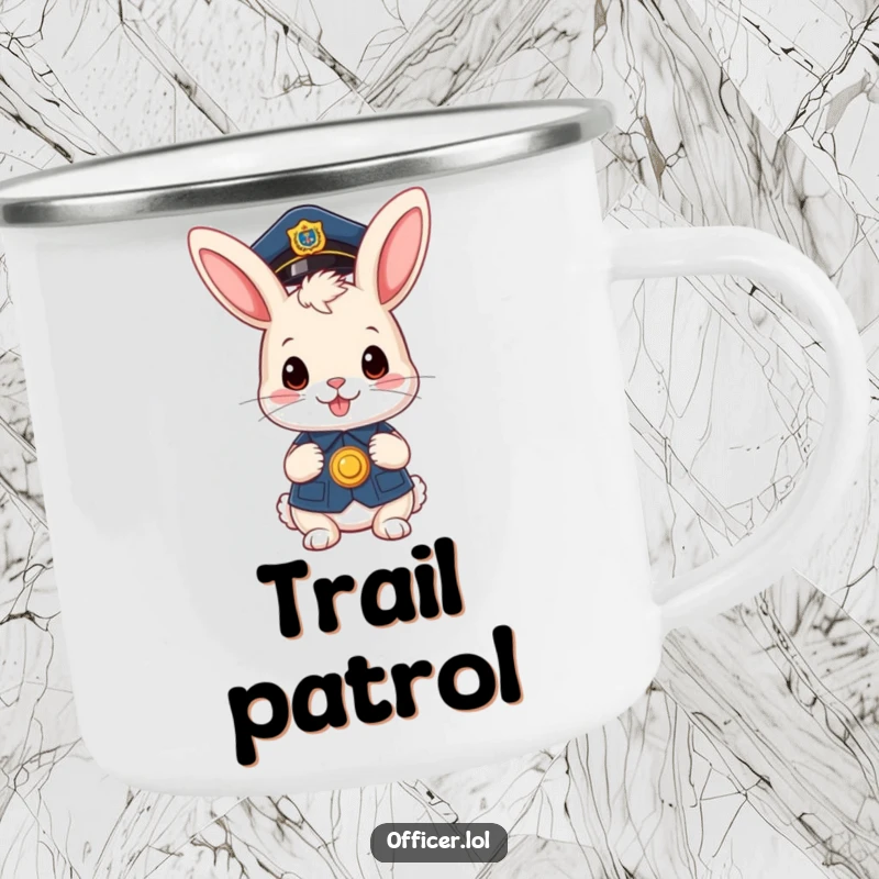 Funny camping mug: A cute bunny officer with a badge, a funny gift for outdoor fun.