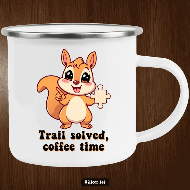 Funny energetic squirrel character pointing towards a solved puzzle, durable outdoor mug.