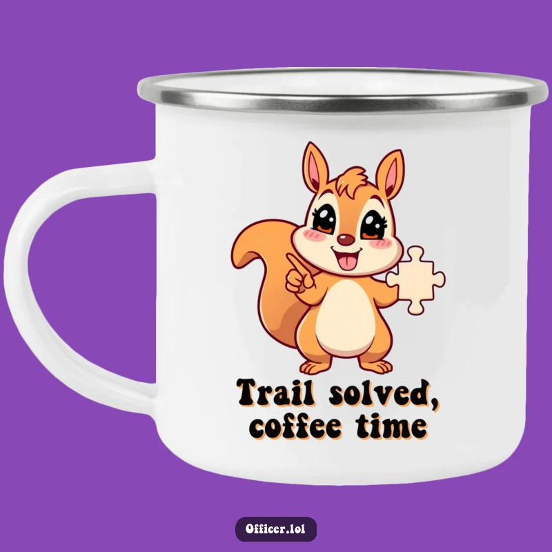 Funny Solved Puzzle Squirrel Camping Mug: Energetic Character Enamel Mug, Smart Funny Gift