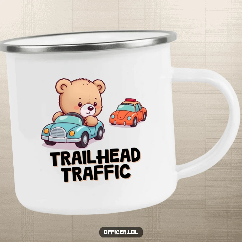 Funny Bear Cub Traffic Camping Mug: A durable mug showing a gentle bear cub carefully directing toy cars, perfect for outdoor enthusiasts who love cute humor.
