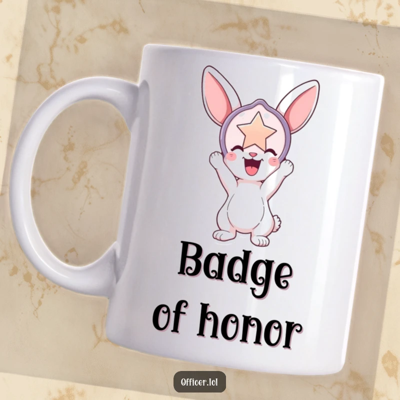 Funny mug featuring a playful bunny proudly holding a large, shiny badge aloft, symbolizing accomplishment and cheerful heroism.