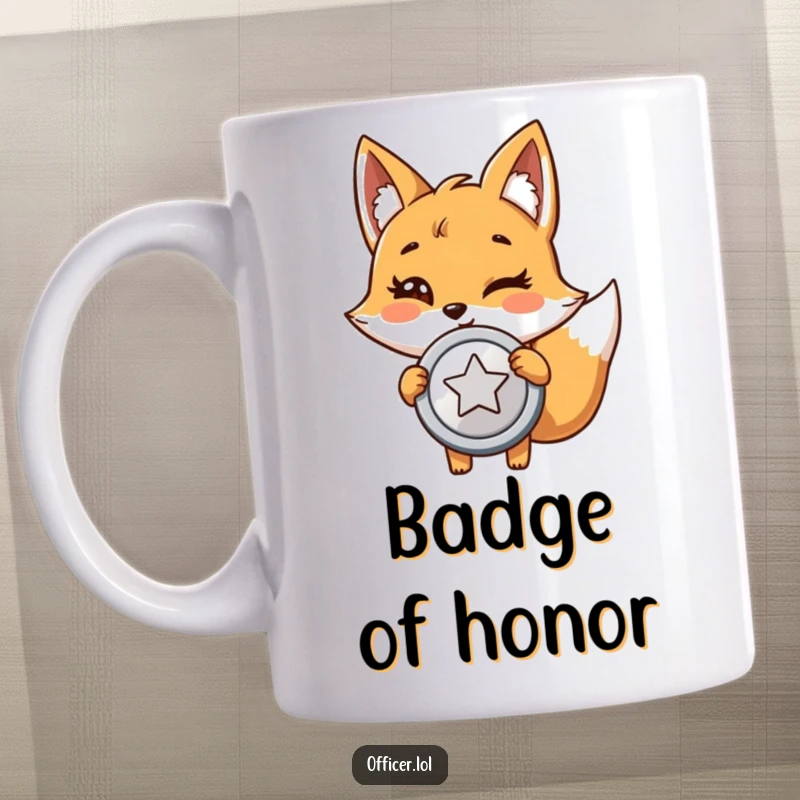 Funny fox detective mug showing a giggling cartoon fox holding a large, shiny badge with pride and a playful wink.