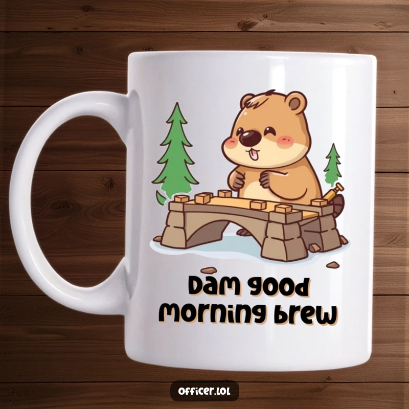 Funny mug showing a diligent beaver in a hard hat, energetically directing small bridge construction with a smile.