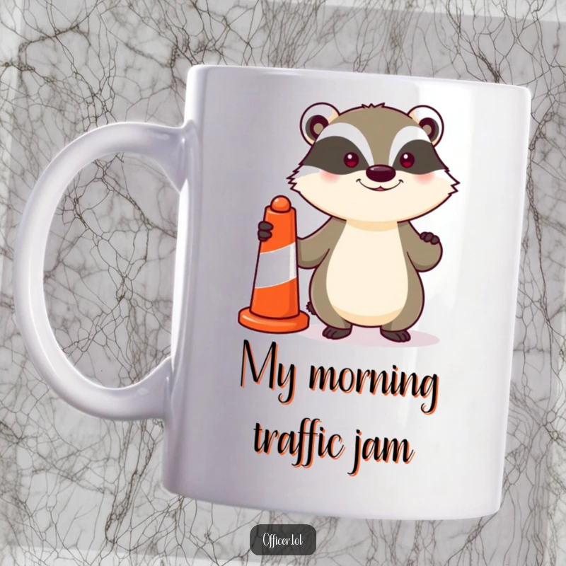 Funny mug featuring a determined badger proudly holding a striped traffic cone, embodying a funny, bold, and slightly absurd personality.