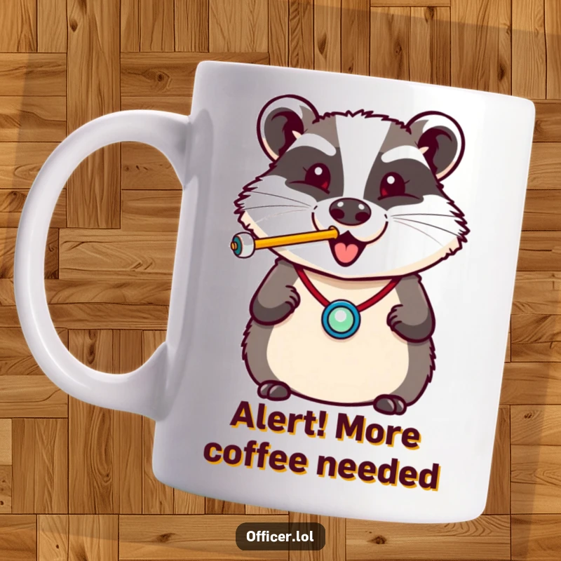 Funny mug featuring a cheerful badger in a badge, enthusiastically blowing a whistle with a happy puff of air.