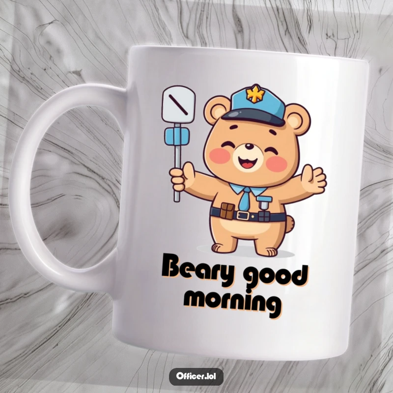 Funny mug: A smiling bear officer directs traffic with outstretched paws, a cheerful funny gift.
