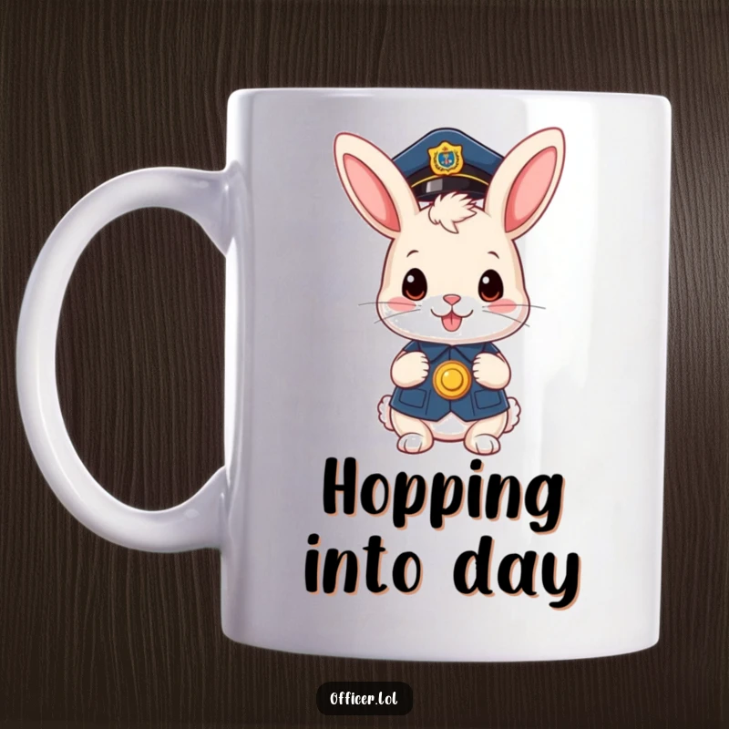 Funny mug: A cute bunny officer in a tiny cap proudly holds a badge, a funny gift.