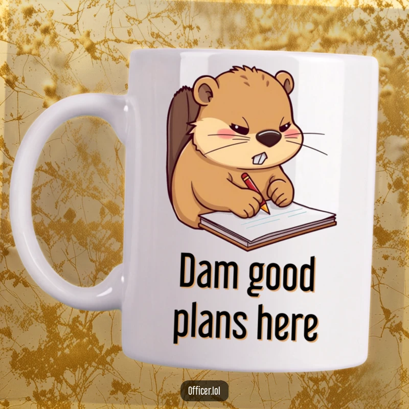 Funny mug featuring a stern beaver furiously writing notes on a notepad, embodying the spirit of a busy professional needing a break.
