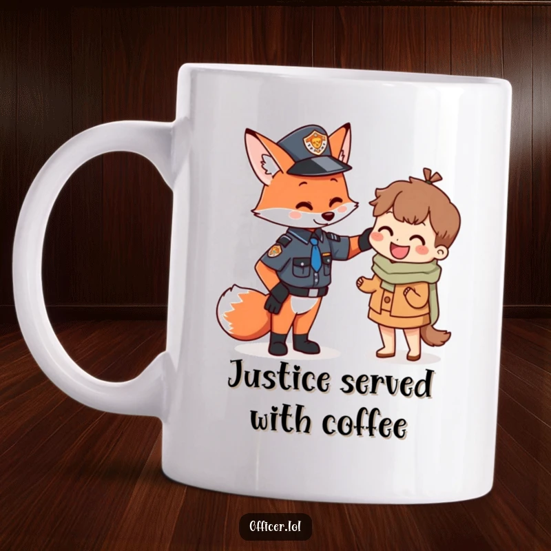 Funny Fox Officer Mug showing a friendly fox in uniform patting a small happy citizen on the back, a gesture of encouragement.