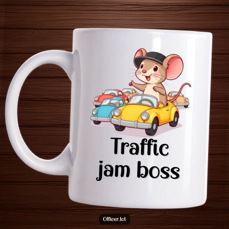 Funny mug featuring a determined mouse wearing a hat, enthusiastically directing a fleet of tiny toy cars.