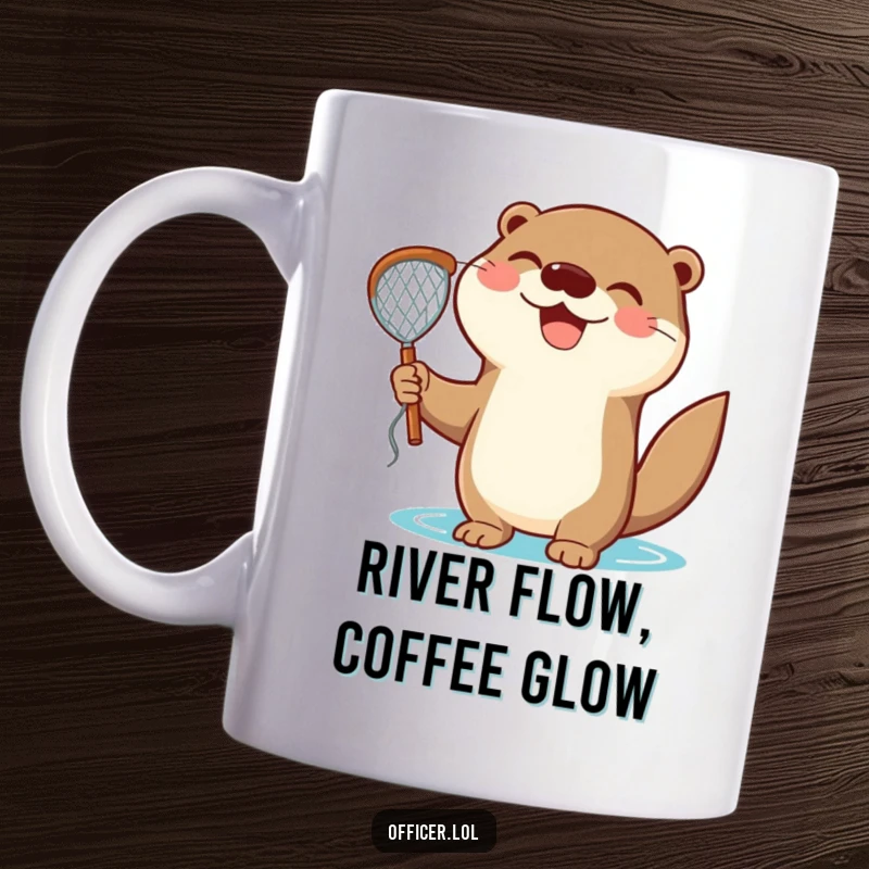 Funny Mug: Delighted cartoon otter with a triumphant expression proudly holds a net, celebrating a successful catch.