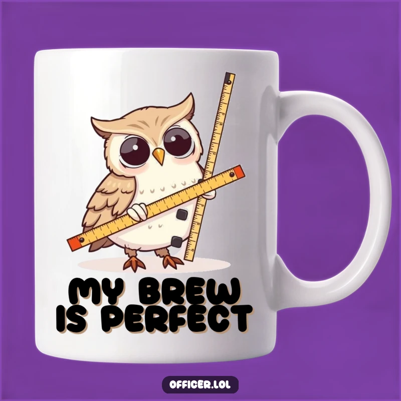 Funny Owl Measurement Mug: Wise Owl Inspecting Lopsided Tower, Gift