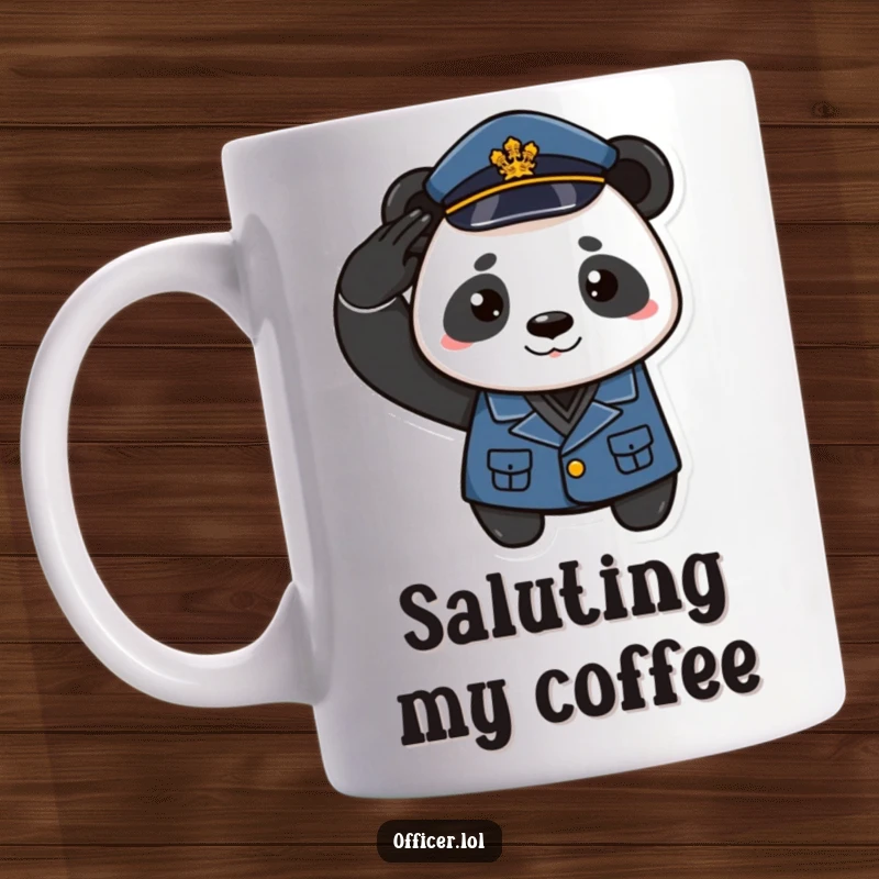 Funny panda mug showing a playful panda in uniform saluting with a proud smirk, representing fun and respect.