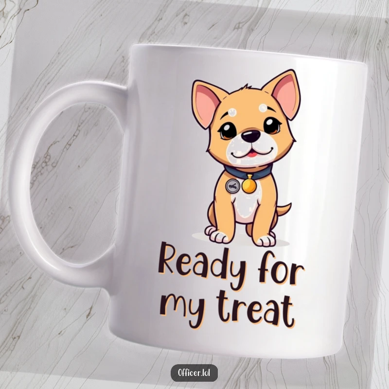 Funny puppy coffee mug, determined and proud with a tiny badge, standing tall in a heroic stance.