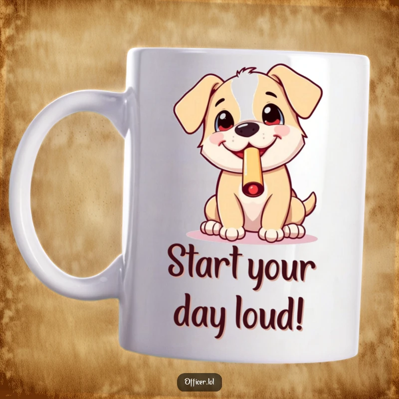 Funny mug featuring a cheerful puppy blowing a whistle with a wide, excited grin, radiating pure joy and playful energy.
