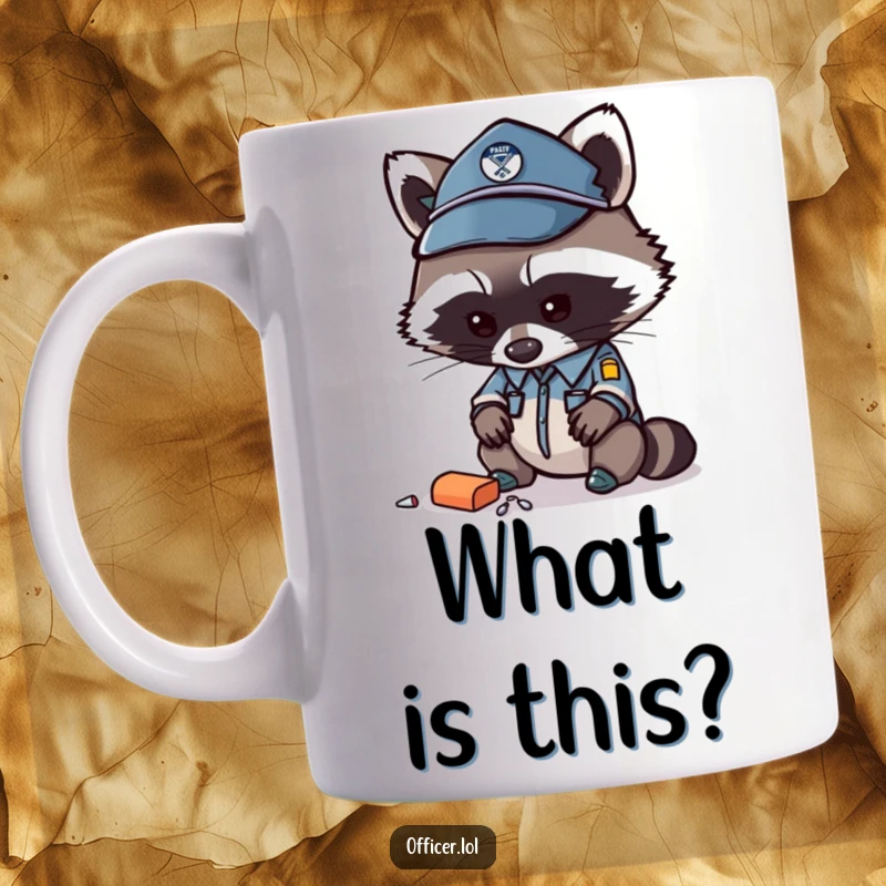Funny raccoon officer mug, curious raccoon examining a dropped item with a furrowed brow, perfect detective gift.