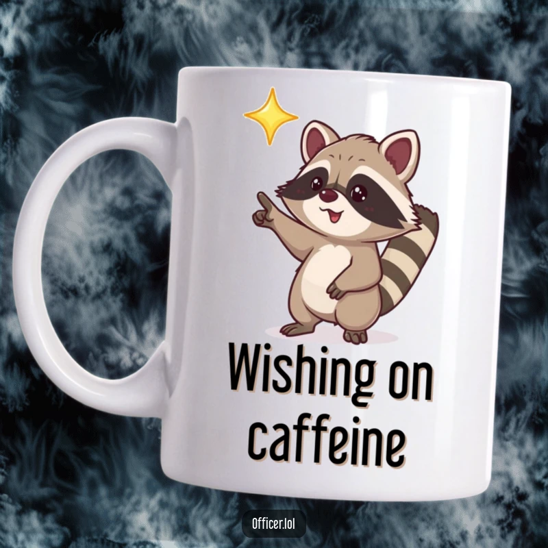 Funny mug featuring a playful raccoon character excitedly pointing towards a bright, shining star.