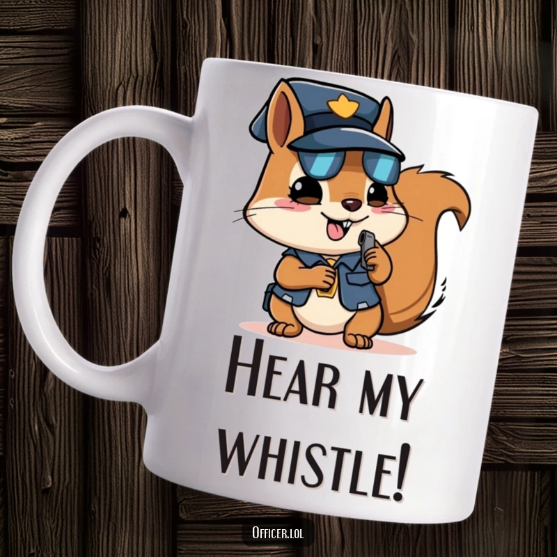 Funny squirrel officer mug, determined squirrel blowing a tiny whistle, perfect gift for law lovers.