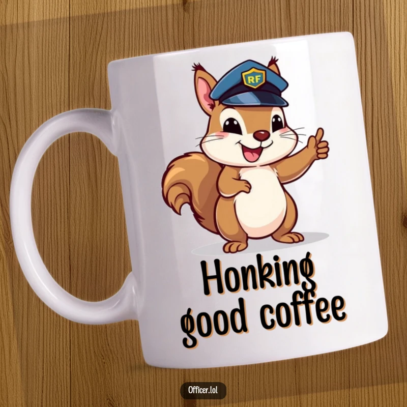 Happy squirrel in a small police hat, enthusiastically directing traffic, conveying a sense of fun order and control.