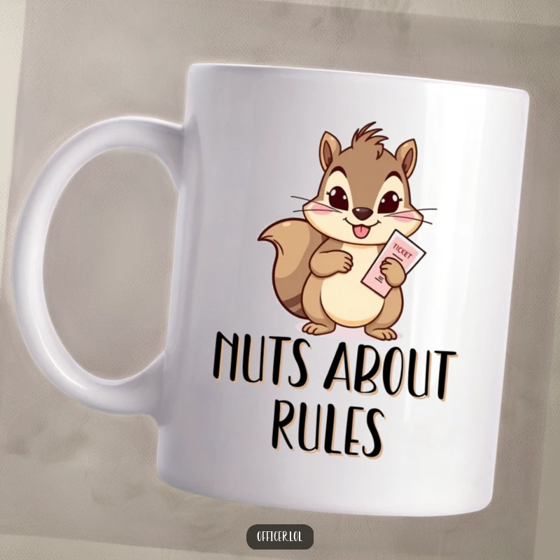 Funny mug depicting a mischievous squirrel with a ticket and pen, humorously acting as a traffic cop ready to issue a citation.