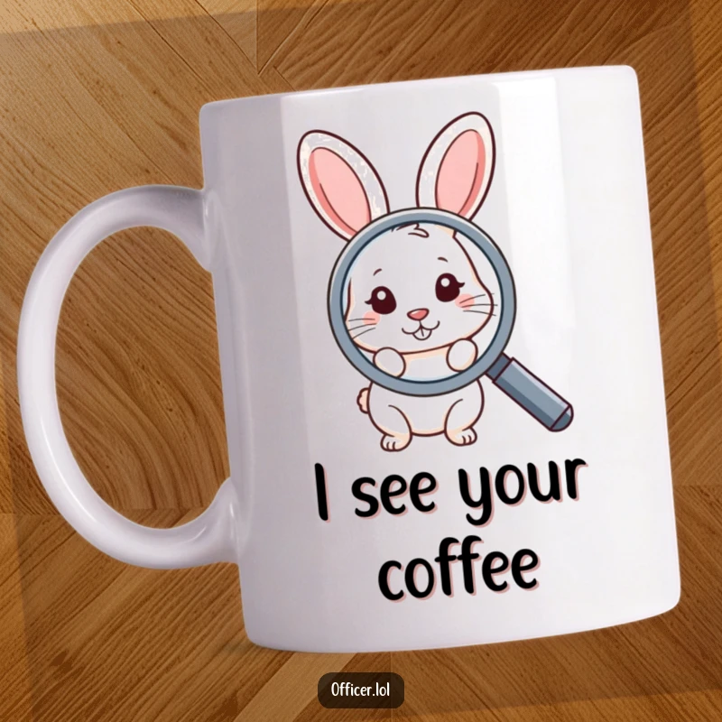Funny mug with a shy rabbit peeking curiously from behind a large magnifying glass, conveying a funny, inquisitive, and gentle personality.