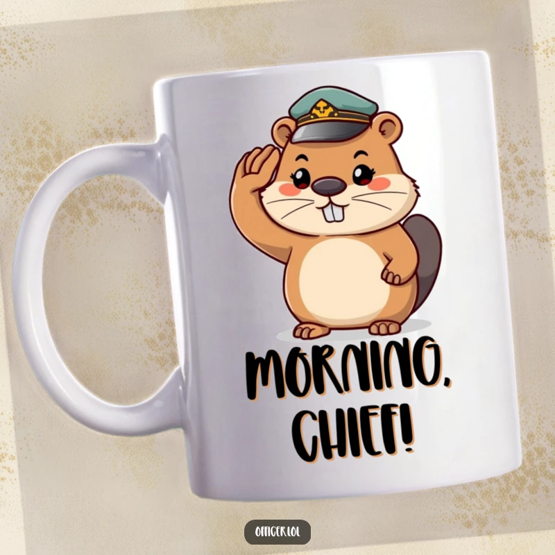 Funny beaver mug, a determined beaver saluting with a tiny cap and a confident grin, ready for action.