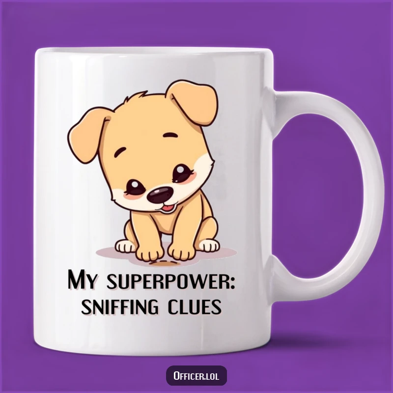 Funny Dog Detective Mug: A Happy Canine Inspecting a Tiny Footprint, Perfect Gift