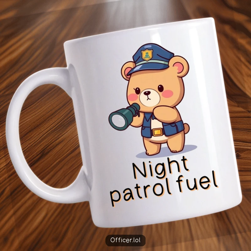 Funny police bear mug with a brave officer pointing a flashlight in the dark, highlighting courage and humor.