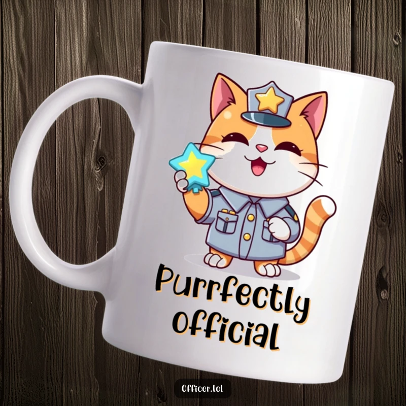 Funny mug featuring a happy cat in uniform proudly displaying a shiny, glowing badge with a satisfied expression.