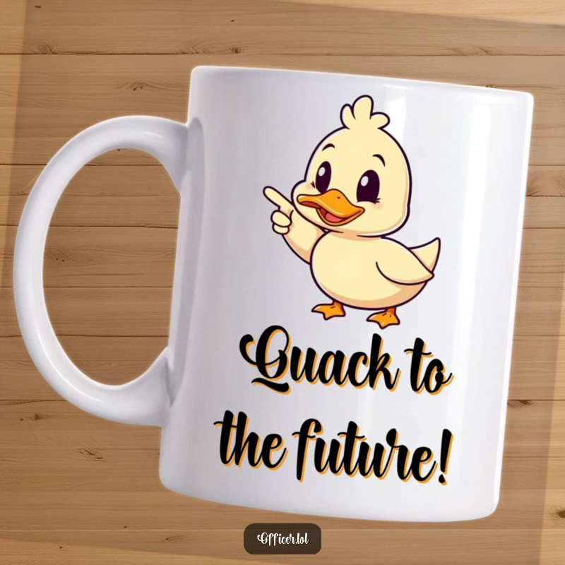 Funny duck mug, a happy duck pointing forward decisively with a friendly wink, symbolizing cheerful guidance and humor.