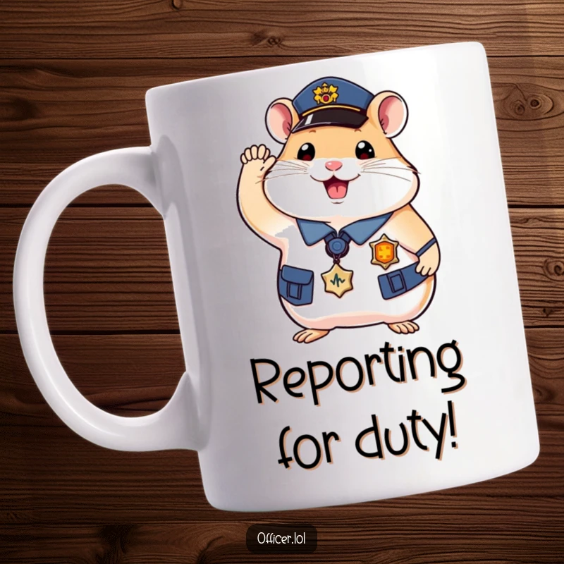 Funny hamster officer mug, saluting with a tiny paw, wearing a badge, perfect cute gift.