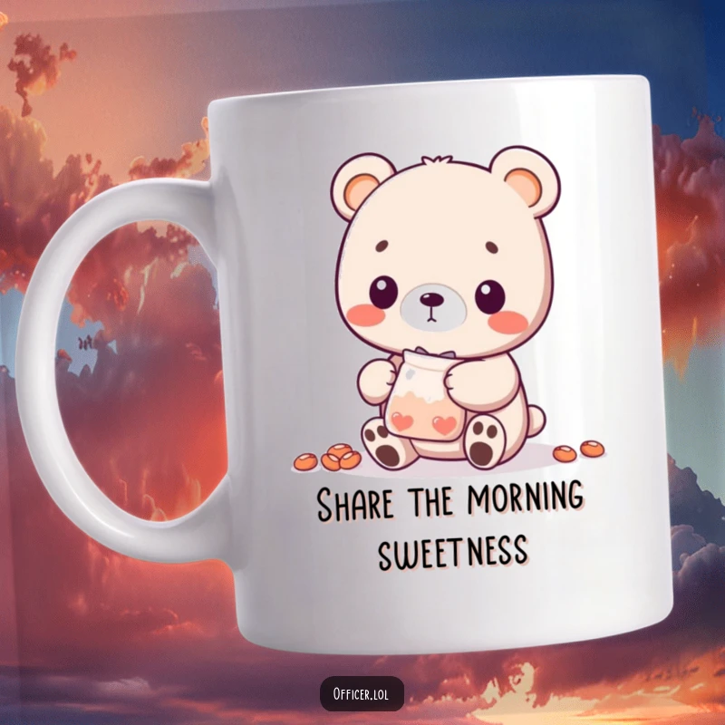 Funny Bear Cub Mug: A sweet bear cub character with a friendly expression offers a small bag of treats with a gentle nod.