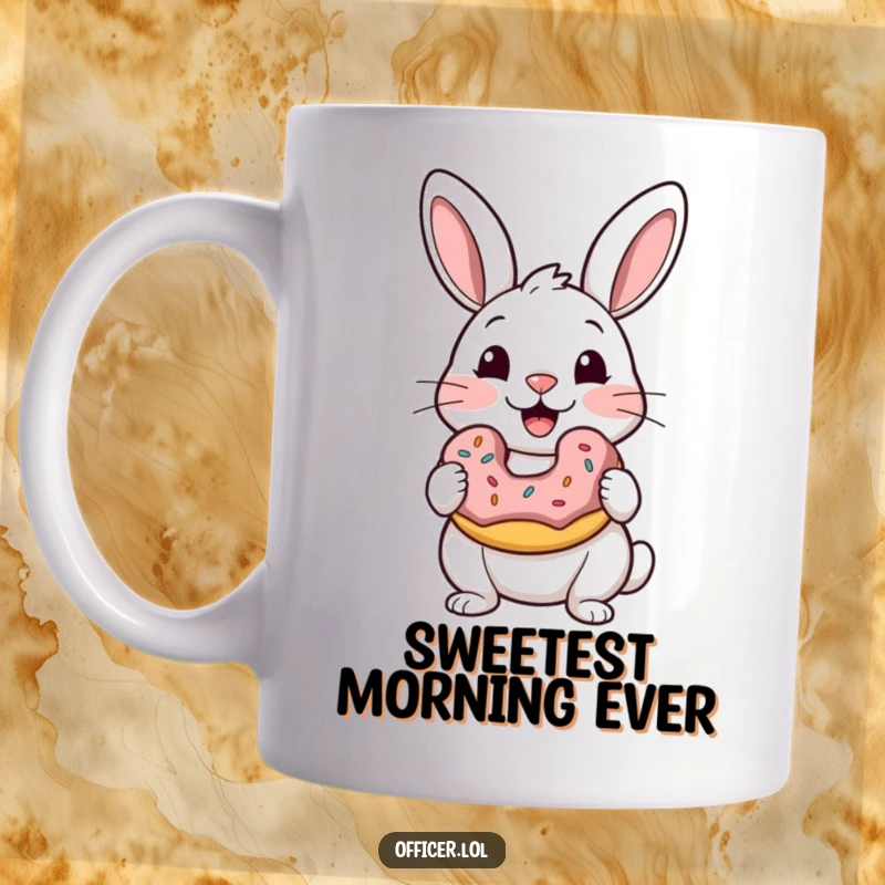 Funny mug showing a delighted rabbit blissfully holding a donut, its eyes filled with pure, sweet satisfaction and joy.