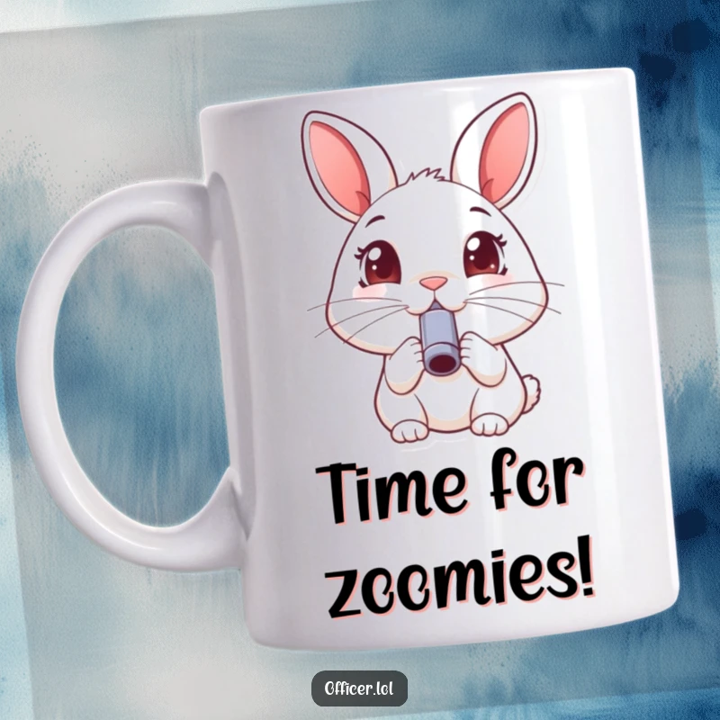 Funny rabbit coffee mug, blowing a small whistle with wide, joyful eyes, conveying pure happiness.