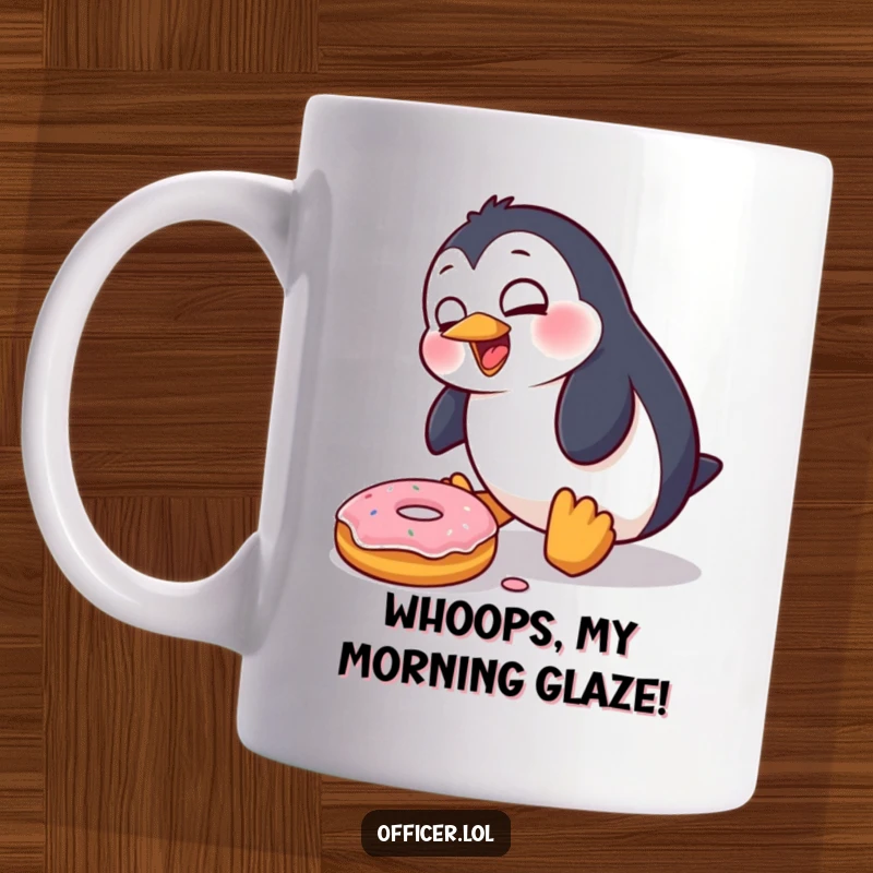 Funny Penguin Mug: A goofy penguin character is mid-trip, eyes wide with surprise, having stumbled over a fallen, delicious-looking donut.