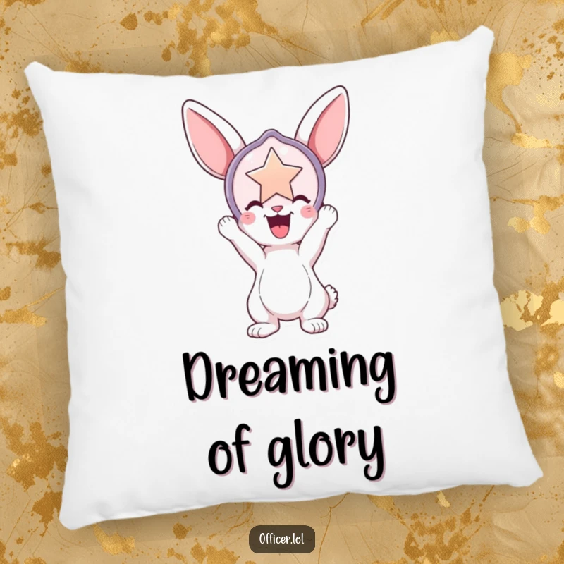 Funny pillow featuring a playful bunny holding a large, shiny badge aloft, adding a touch of heroic pride and comfort.