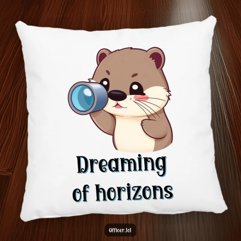 Funny pillow featuring a cute otter character peering through a spyglass with a focused but joyful gaze.