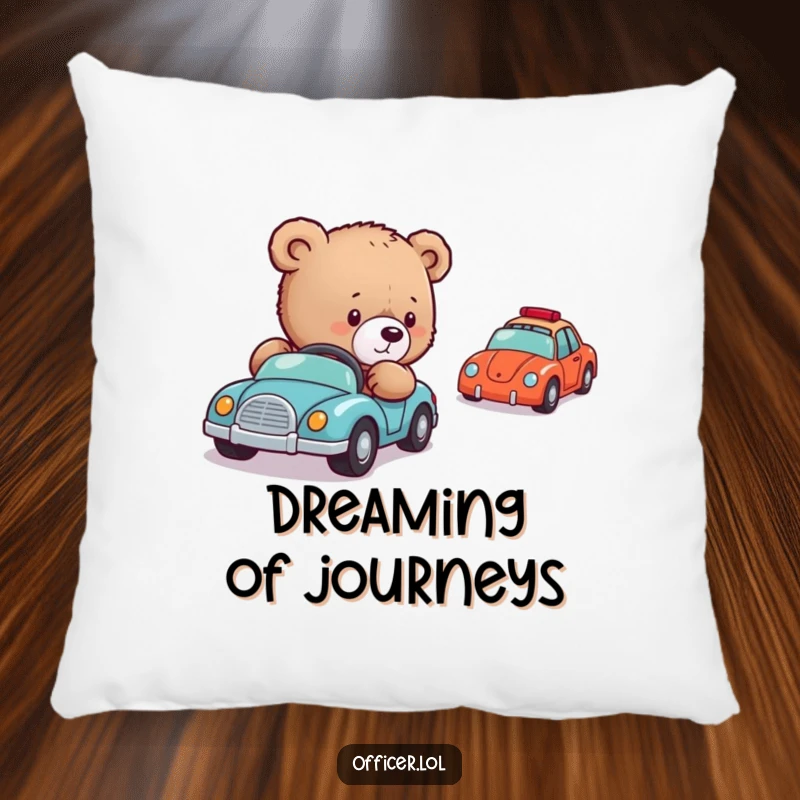 Funny Bear Cub Director Pillow: A plush pillow showcasing a gentle bear cub carefully directing a line of small toy cars with adorable focus.