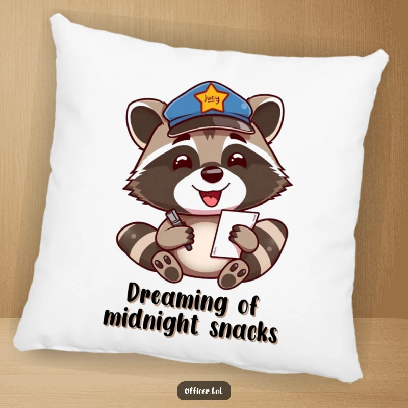Funny Pillow: Soft cushion featuring a smiling raccoon officer writing a ticket, adding cozy cheer.
